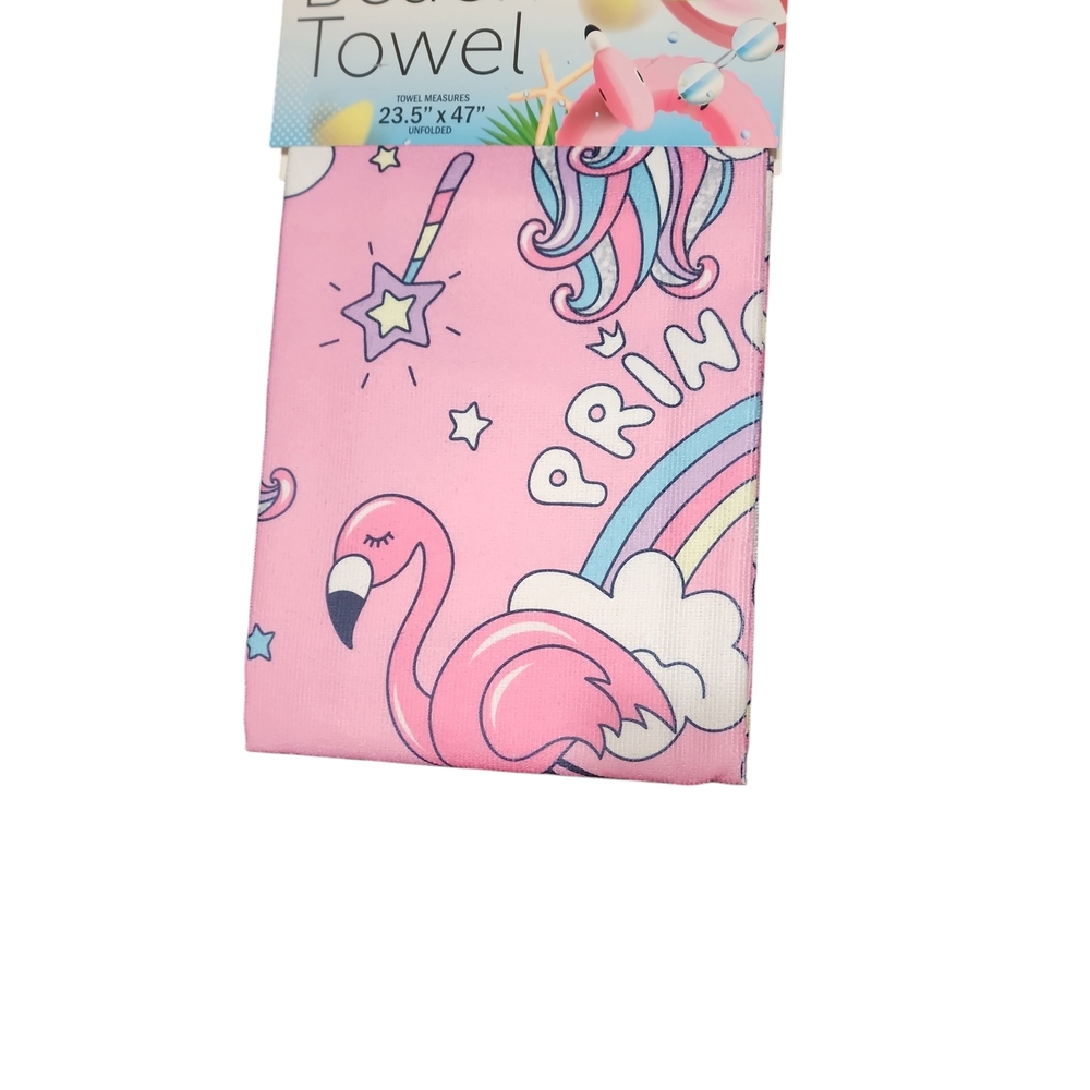 Kids Pink Flamingo and Unicorn Beach Towel